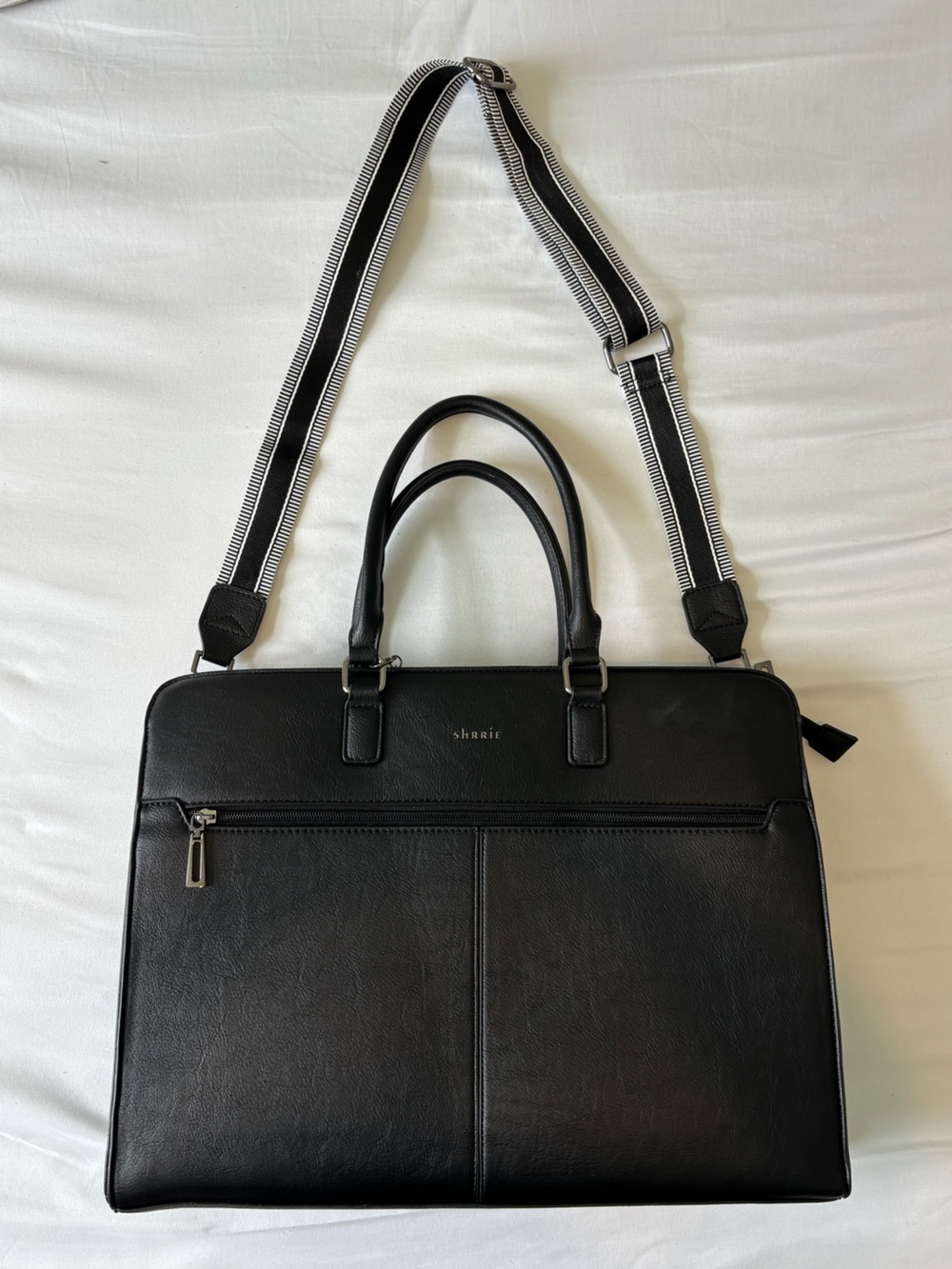 Ralph Lauren Double RL Black Leather Briefcase with Striped Detachable Strap